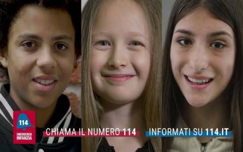 volti di bambini nello spot della terza edizione della campagna di comunicazione promossa dal Dipartimento per le politiche della famiglia per diffondere una maggiore conoscenza del numero 114 – Emergenza infanzia