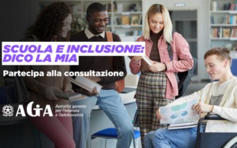 locandina della consultazione pubblica nazionale online sul tema dell’inclusione scolastica dei minorenni con disabilità lanciata dall’Autorità garante per l’infanzia e l’adolescenza