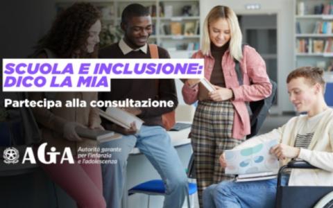 locandina della consultazione pubblica nazionale online sul tema dell’inclusione scolastica dei minorenni con disabilità lanciata dall’Autorità garante per l’infanzia e l’adolescenza 