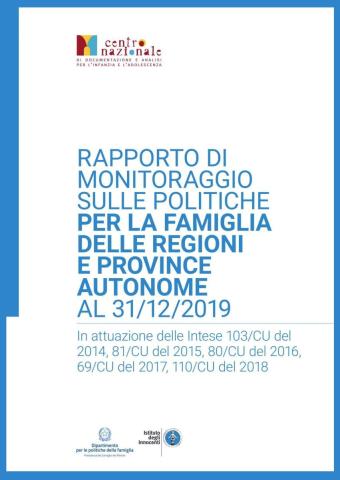 copertina del Rapporto di monitoraggio sulle politiche della famiglia delle Regioni e Province autonome al 31/12/2019