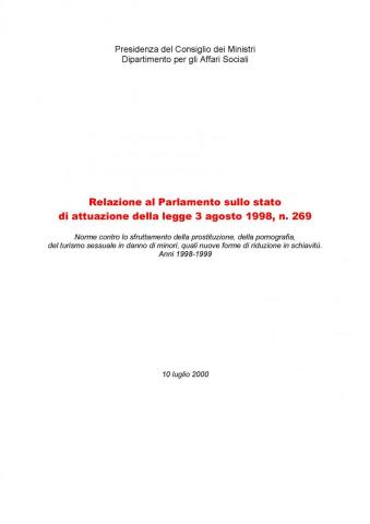 copertina della Relazione al Parlamento sullo stato di attuazione della L. 269/1998: anni 1998-1999