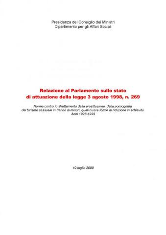 copertina della Relazione al Parlamento sullo stato di attuazione della L. 269/1998:  anni 1998-1999