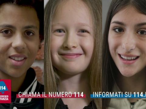 volti di bambini nello spot della terza edizione della campagna di comunicazione promossa dal Dipartimento per le politiche della famiglia per diffondere una maggiore conoscenza del numero 114 – Emergenza infanzia