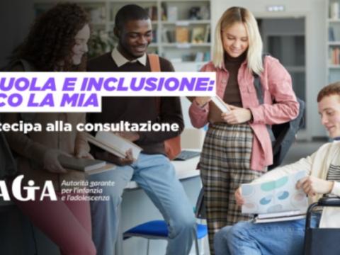 locandina della consultazione pubblica nazionale online sul tema dell’inclusione scolastica dei minorenni con disabilità lanciata dall’Autorità garante per l’infanzia e l’adolescenza 